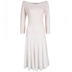 Emporio Armani White and Cream Striped Rib Knit Boat Neck Long Sleeve Dress 40